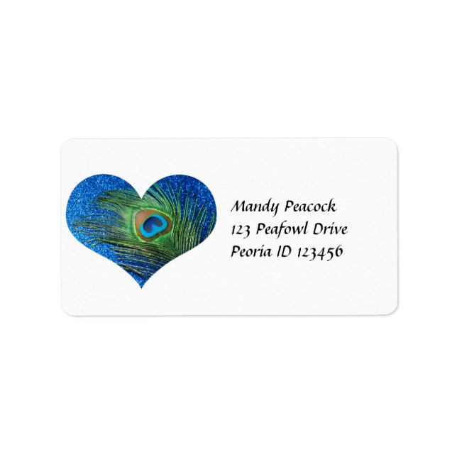 Glittery Blue Peacock Heart Label (Front)