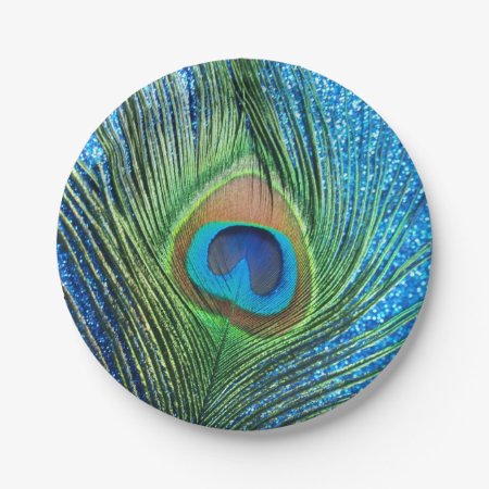Glittery Blue Peacock Paper Plates