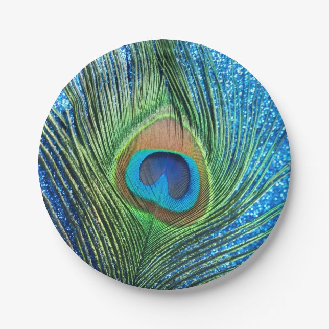 Glittery Blue Peacock Paper Plates (Front)