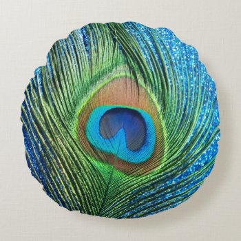 Glittery Blue Peacock Round Pillow by Peacocks at Zazzle