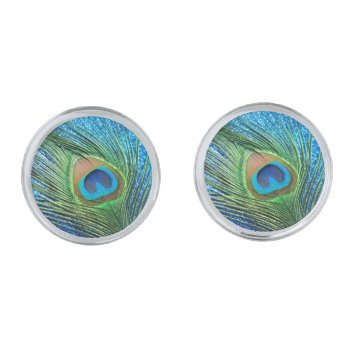 Glittery Blue Peacock Silver Cufflinks by Peacocks at Zazzle