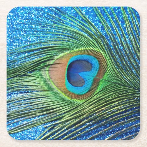 Glittery Blue Peacock Square Paper Coaster