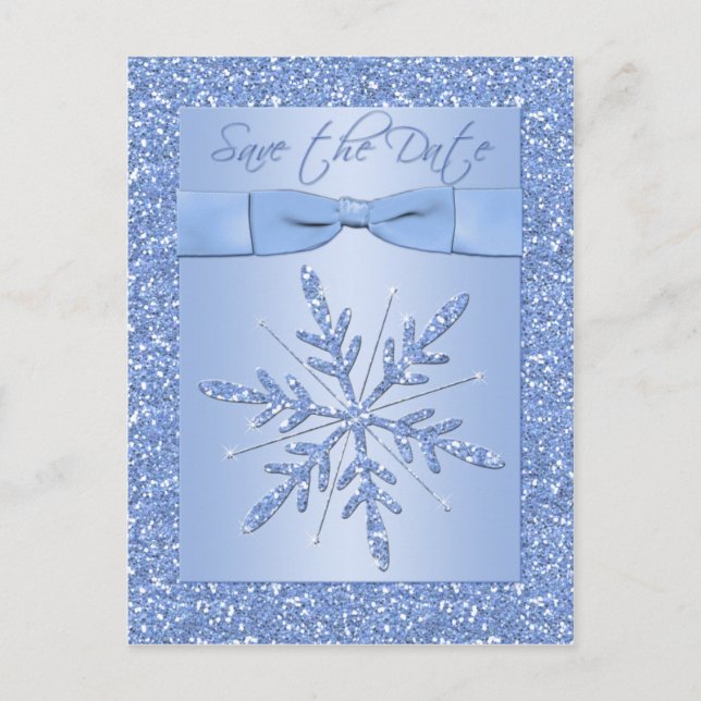 Glittery Blue Snowflake Save the Date Postcard (Front)