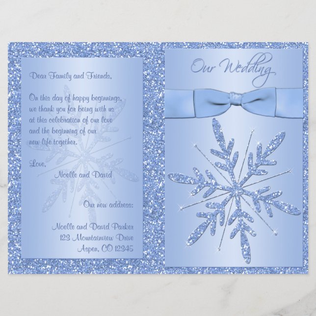 Glittery Blue Snowflake Wedding Program (Front)