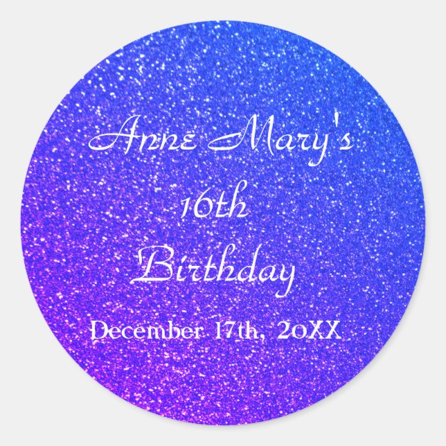 Glittery Blue Sparkle 16th Birthday Custom Name  Classic Round Sticker (Front)