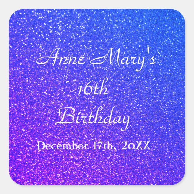 Glittery Blue Sparkle 16th Birthday Custom Name  Square Sticker (Front)
