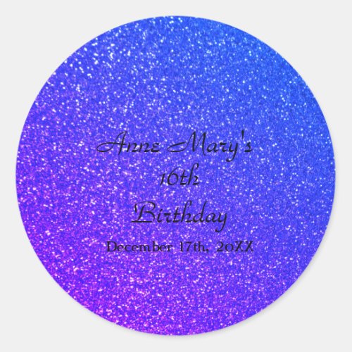 Glittery Blue Sparkle Custom Name 16th Birthday Classic Round Sticker