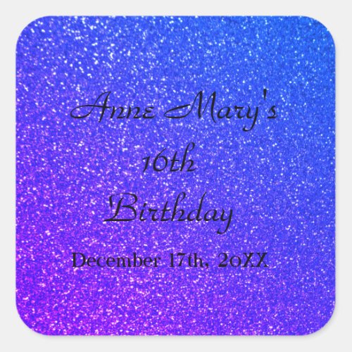 Glittery Blue Sparkle Custom Name 16th Birthday Square Sticker