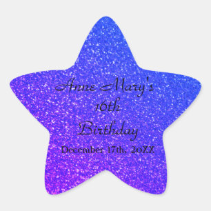 Glittery Blue Sparkle Custom Name 16th Birthday Star Sticker