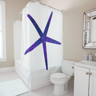 Glittery Blue Starfish Pattern White Beach Decor Shower Curtain