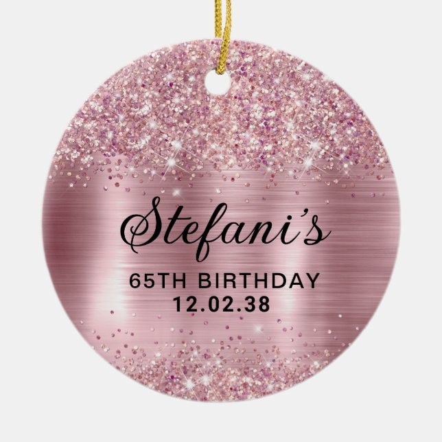 Glittery Blush Rose Gold Foil 65th Birthday Ceramic Ornament (Front)