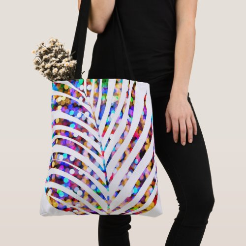 Glittery Bokeh Multicolor White Palm Tree Leaf Tote Bag