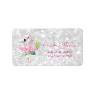 Glittery,Bokeh,Tropical Leaves, Pink Flamingos Label