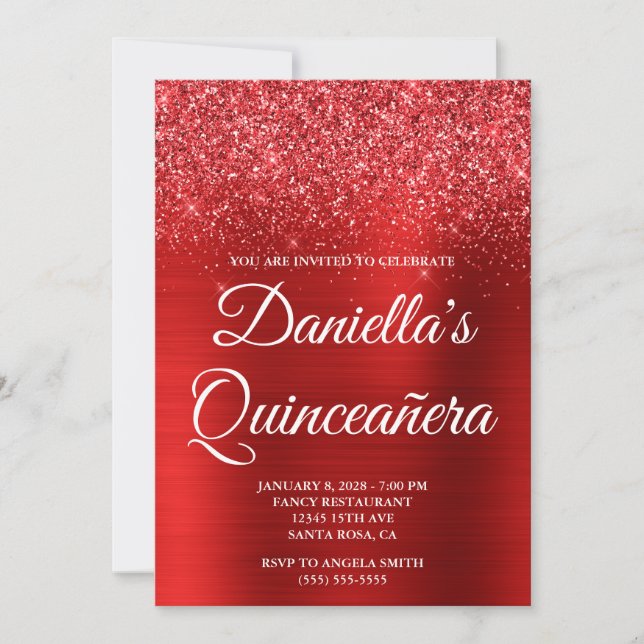 Glittery Bright Red Foil Quinceañera Invitation (Front)