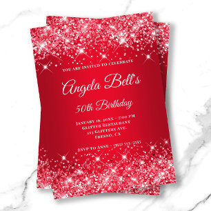 Glittery Bright Red Ombre Fancy Monogram Invitation