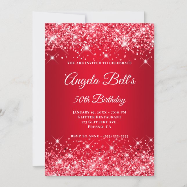 Glittery Bright Red Ombre Fancy Monogram Invitation (Front)