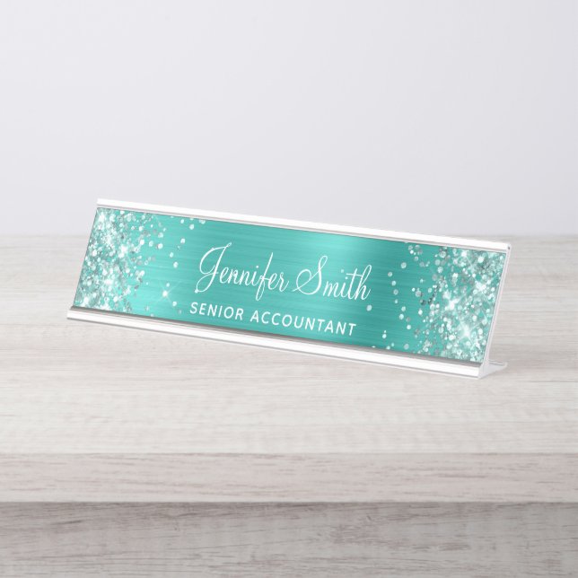 Glittery Bright Turquoise Foil Desk Name Plate (Front)