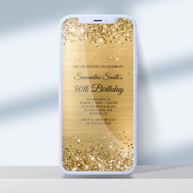 Glittery Brushed Gold Foil 50th Birthday Invitation (Creator Uploaded)