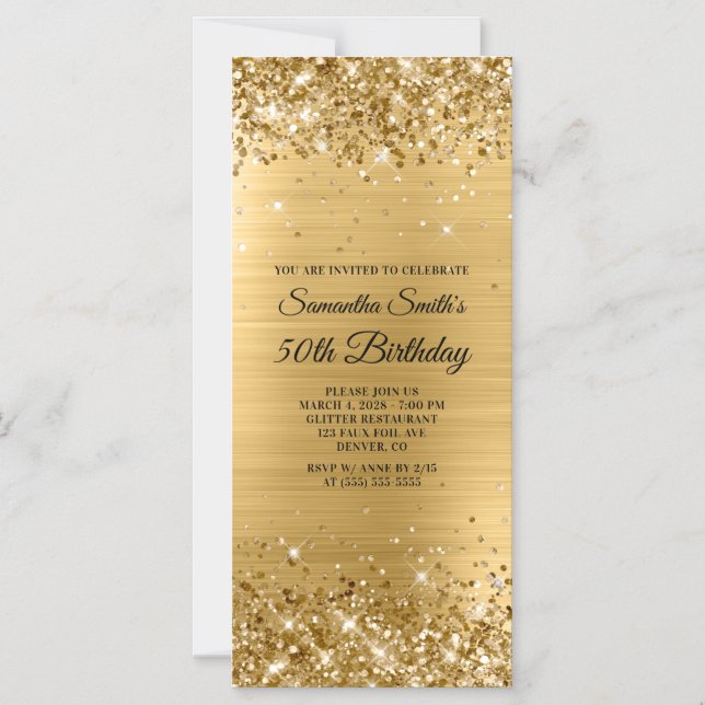 Glittery Brushed Gold Foil 50th Birthday Magnetic Invitation (Front)