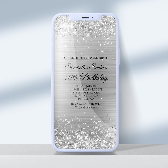 Glittery Brushed Silver Foil 50th Birthday Invitation (Creator Uploaded)