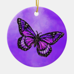 Glittery Butterfly on Watercolor Ceramic Ornament