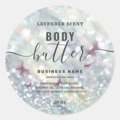 Glittery butterfly script body butter label
