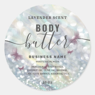 Glittery butterfly script body butter label