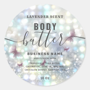 Glittery butterfly script body butter label