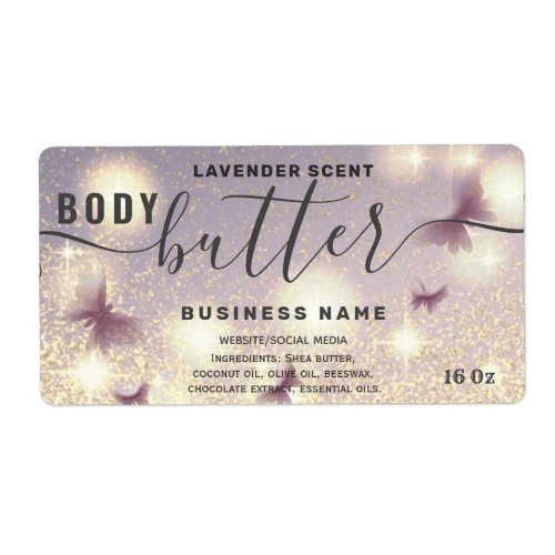 Glittery butterfly script body butter label