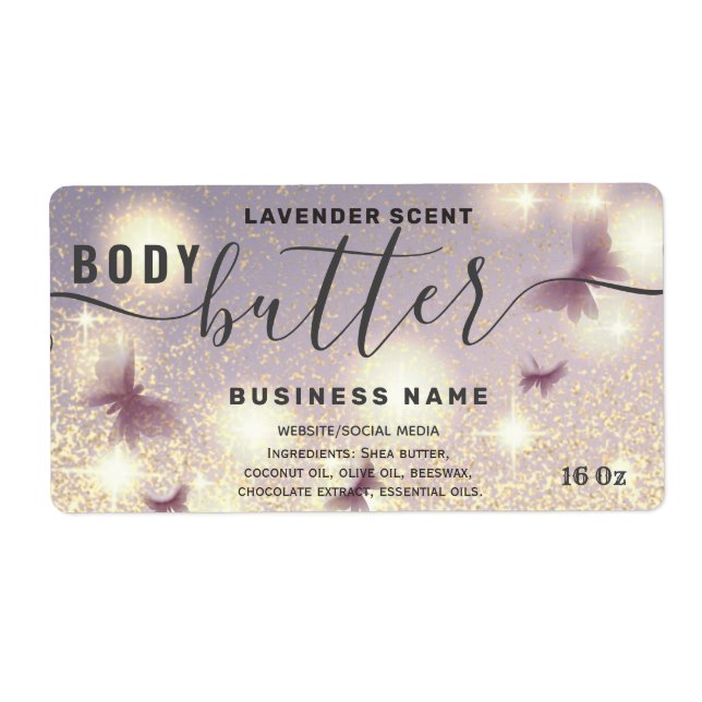 Glittery butterfly script body butter label (Front)