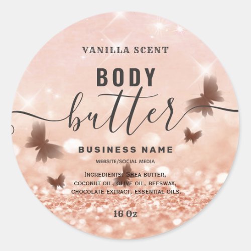 Glittery butterfly script body butter label