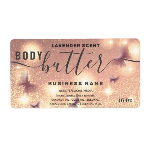 Glittery butterfly script body butter label