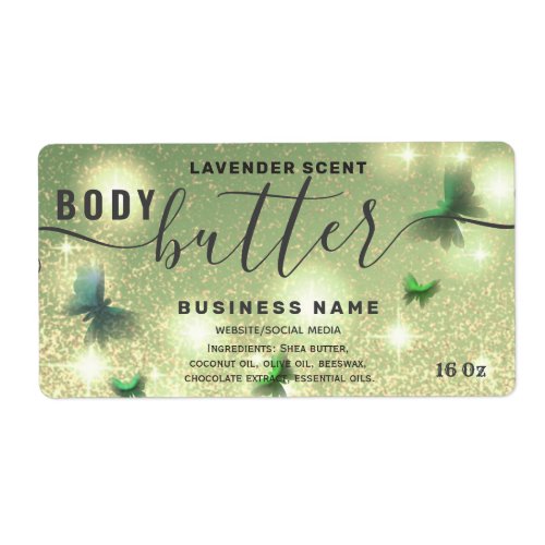 Glittery butterfly script body butter label