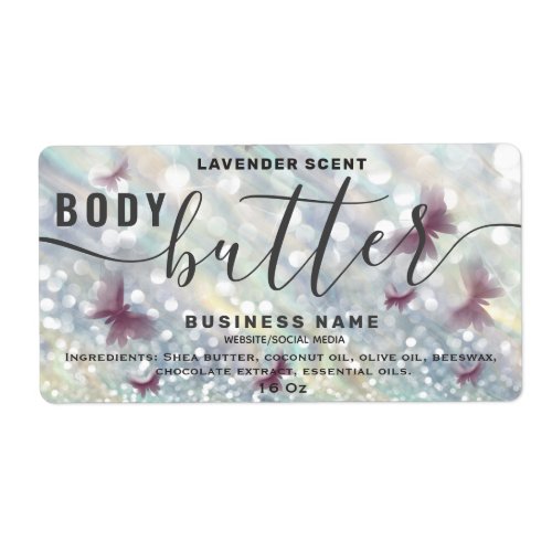 Glittery butterfly script body butter label