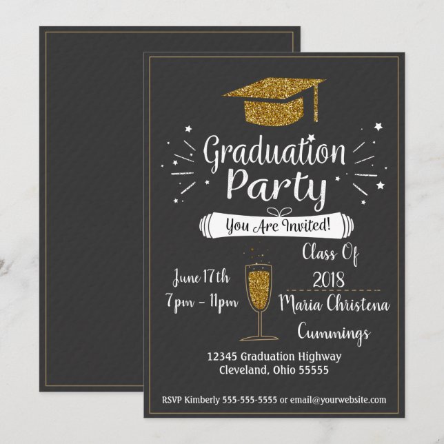 Glittery Chalkboard Graduation Party Invitation (Front/Back)