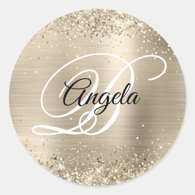 Glittery Champagne Foil Fancy Monogram Classic Round Sticker (Front)