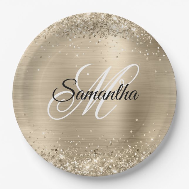 Glittery Champagne Foil Fancy Monogram Paper Plates (Front)