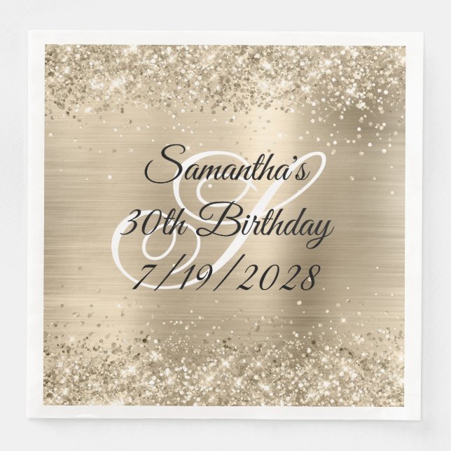 Glittery Champagne Foil Monogram 30th Birthday Paper Dinner Napkins (Front)