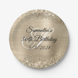 Glittery Champagne Foil Monogram 30th Birthday Paper Plates