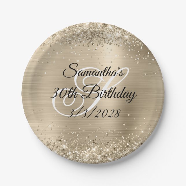 Glittery Champagne Foil Monogram 30th Birthday Paper Plates (Front)