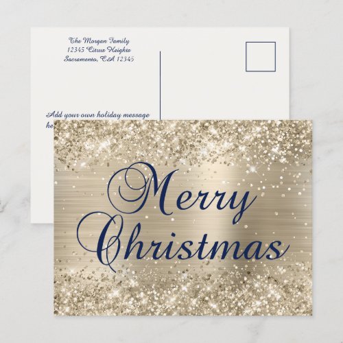 Glittery Champagne Gold Foil Navy Merry Christmas Holiday Postcard