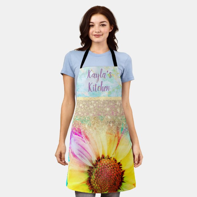 Glittery Cheery Pastel Sunflower Personalized  Apron (Worn)