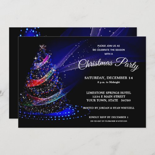 Glittery Christmas Tree Navy Starry Holiday Party Invitation