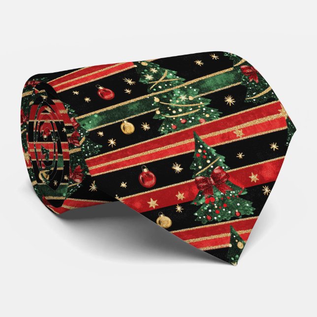 Glittery Christmas Tree - Red Black Green Striped Neck Tie (Rolled)