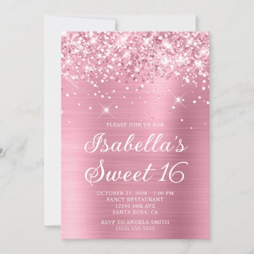 Glittery Classic Pink Foil Sweet 16 Photo Invitation