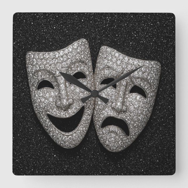 Glittery Comedy & Tragedy Drama Mask Square Wall Clock (Front)