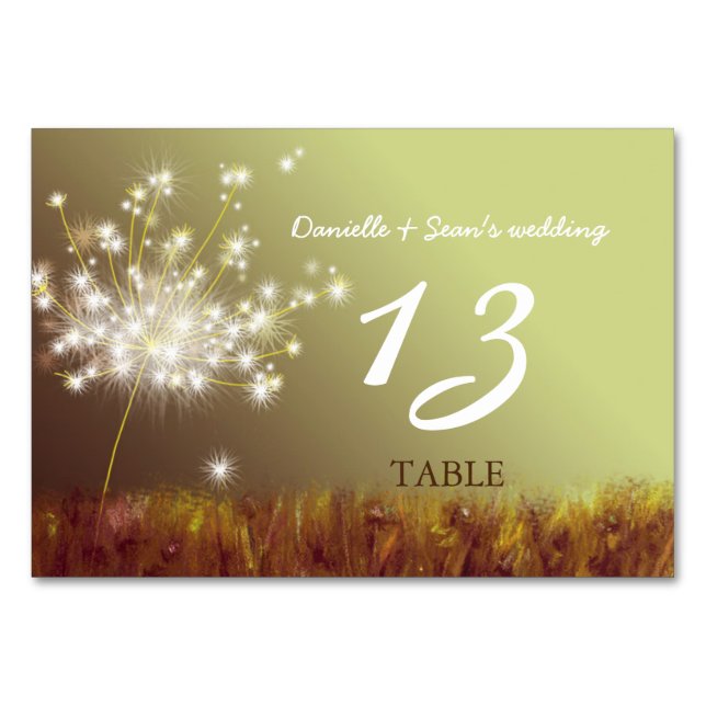 Glittery Dandelion Boho Wedding Table Numbers (Front)
