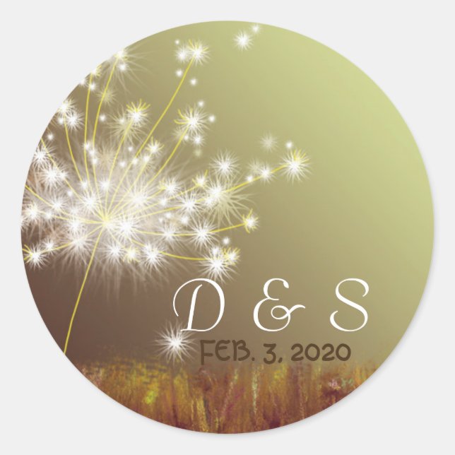 Glittery Dandelion Wedding Favor Classic Round Sticker (Front)