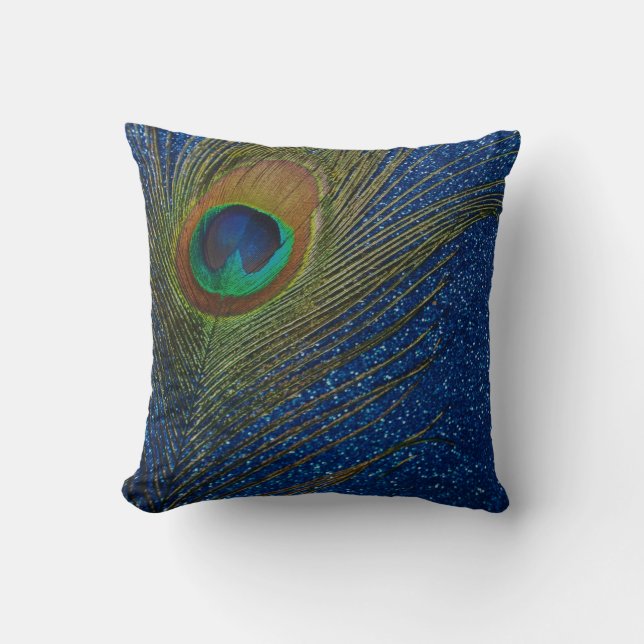 Glittery Dark Blue Peacock Throw Pillow (Front)