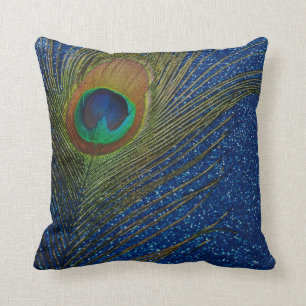 Glittery Dark Blue Peacock Throw Pillow